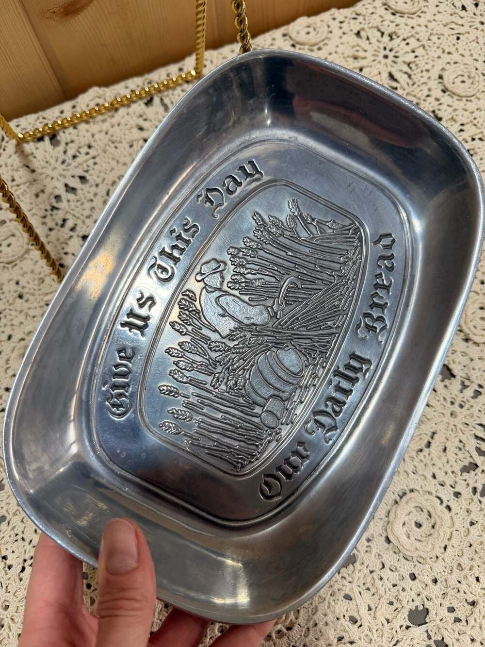 Cottagecore Decor Give Us This Day Our Daily Bread Silver Metal Bread Tray